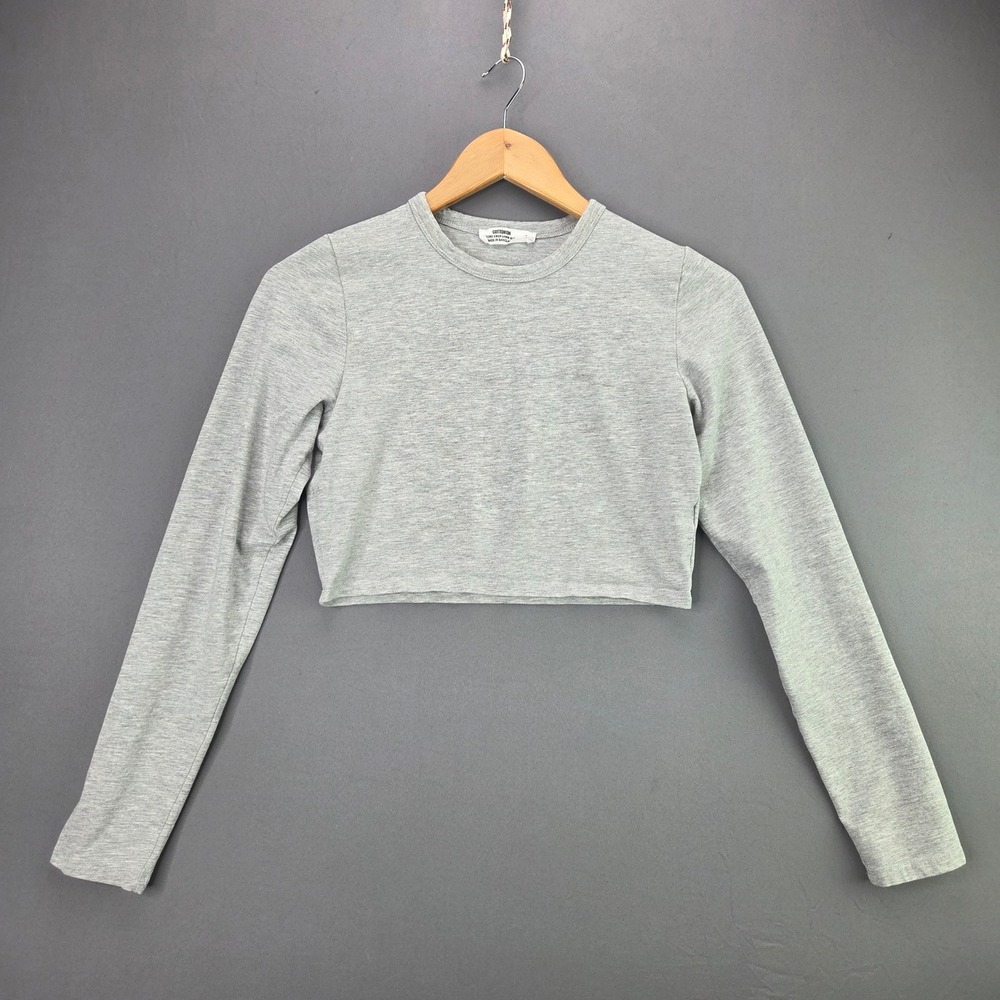 Cotton On Micro Crop Long Sleeve Top Size L Gray Crew Neck Stretch Jersey Tee